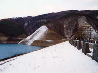 View of the lake side of the embankment dam from the right bank